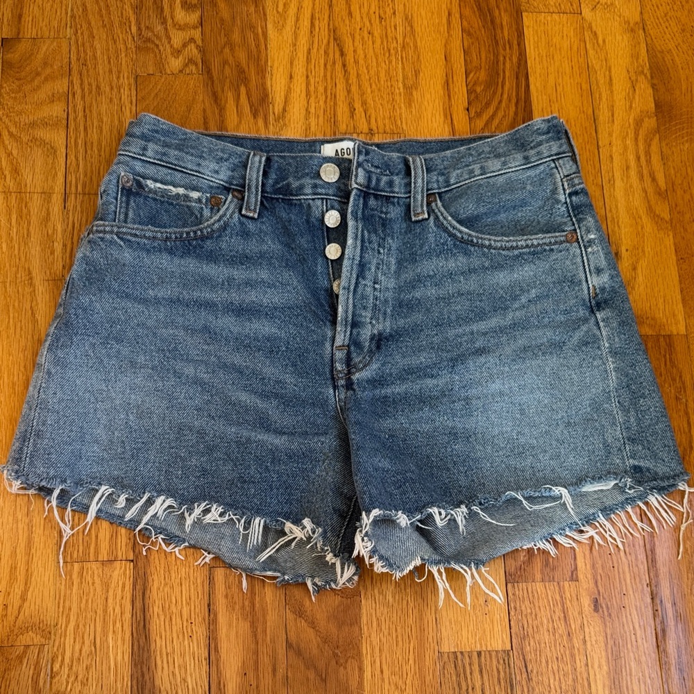 Agolde Distressed High-Rise Denim Shorts in Blue
